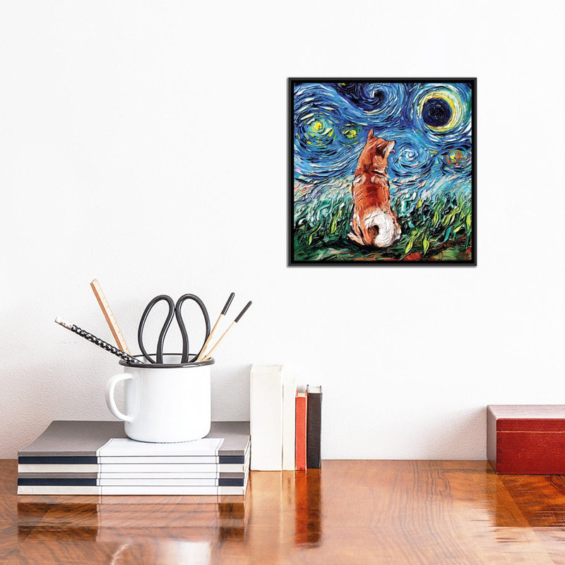 " Shiba Inu Night " by Aja Trier, 12" H x 12" W x 1.5" D, Black Framed Canvas, No Mat