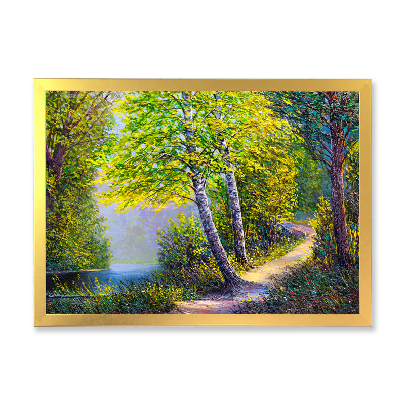 Rivière au printemps, paysage V - œuvre d'art traditionnelle sur toile, H 34 po x l 44 po x P 1 po, Cadre photo doré