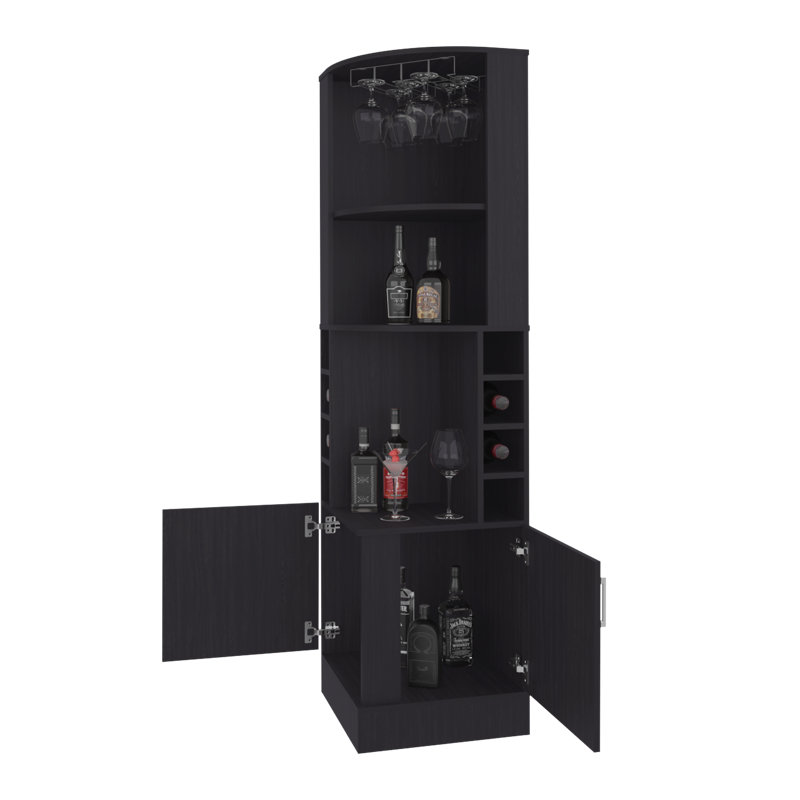 Armoire de bar Aspen Kava avec rangement pour bouteilles de vin, porte-verres à pied et tablettes, Noir