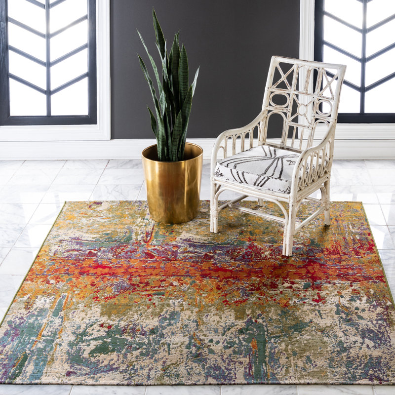 Trona Washable Abstract Indoor / Outdoor Rug, Square 6'1"