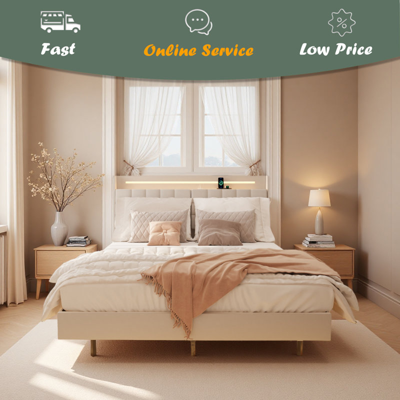 Cadre de lit flottant avec lumière DEL et base de lit tapissier avec tête de lit et espace de rangement caché, aucun sommier nécessaire