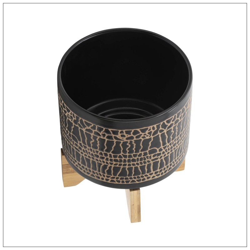 S/2 5/8" GLAZED PLANTER W/ STAND, BLACK