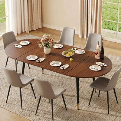 7-Piece Mid-Century Modern Extendable Round-to-Oval Dining Set with Upholstered Chairs