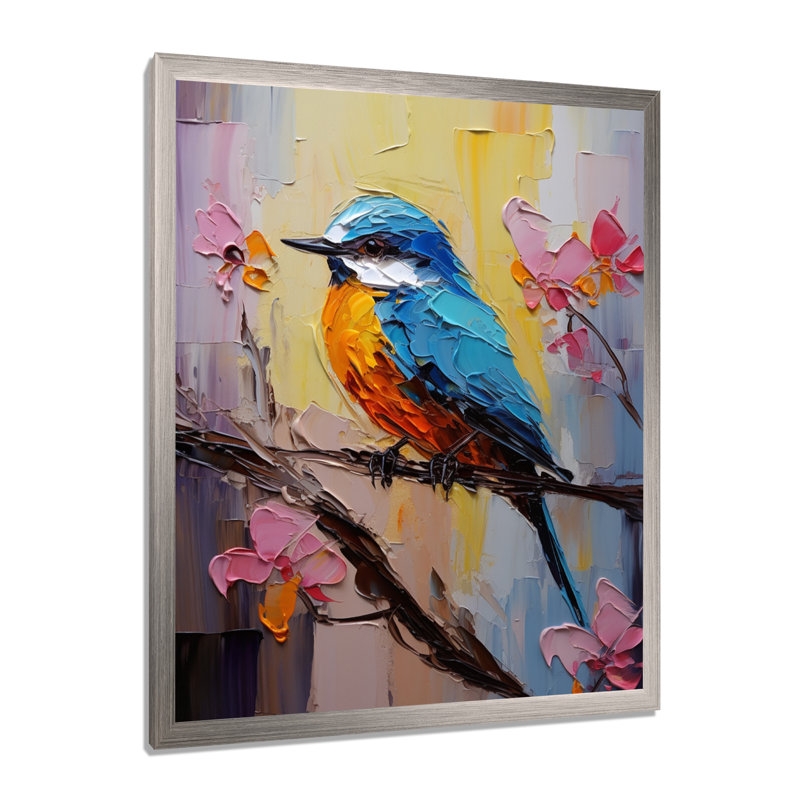 Bluebird Serenade, peinture - art mural oiseau, H 20 po x l 12 po x P 1 po, Cadre simple argenté