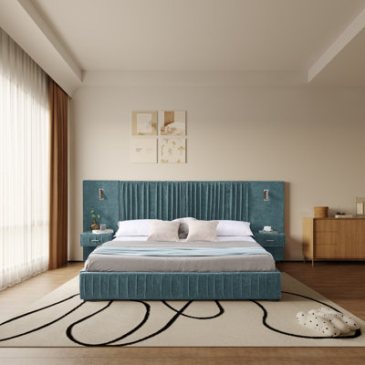 Upholstered Platform Bed With Pleated Chenille Headboard, Integrated Bedside Tables, Adjustable Lamps, And Stable Slat Support – No Box Spring Needed by Latitude Run