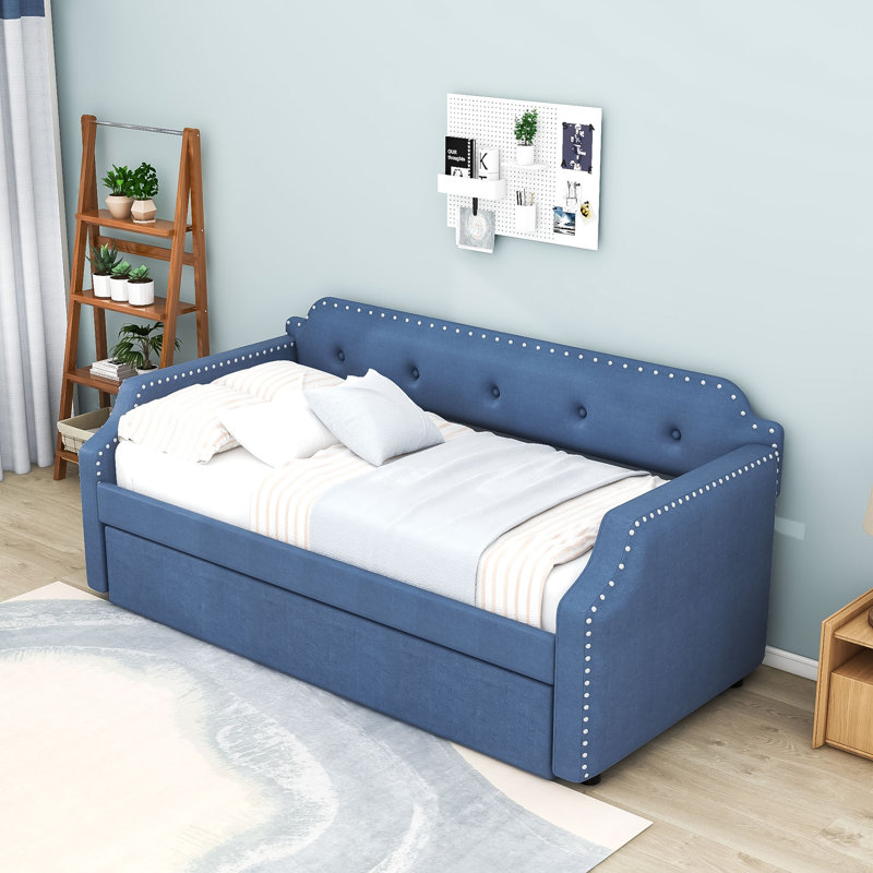 Twin Linen Upholstered Daybed with Twin Trundle, Blue