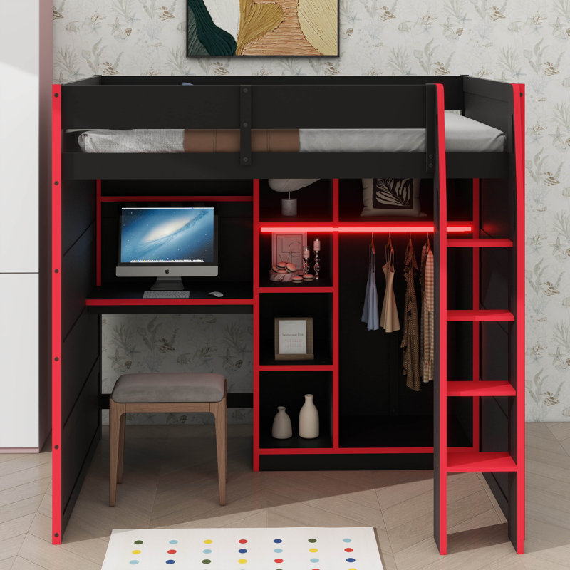 Lit mezzanine de jeu complet complet avec bureau, plusieurs supports de rangement et des lits à DEL personnalisables, lit mezzanine de jeu en bois avec armoire de rangement et échelle d'accès