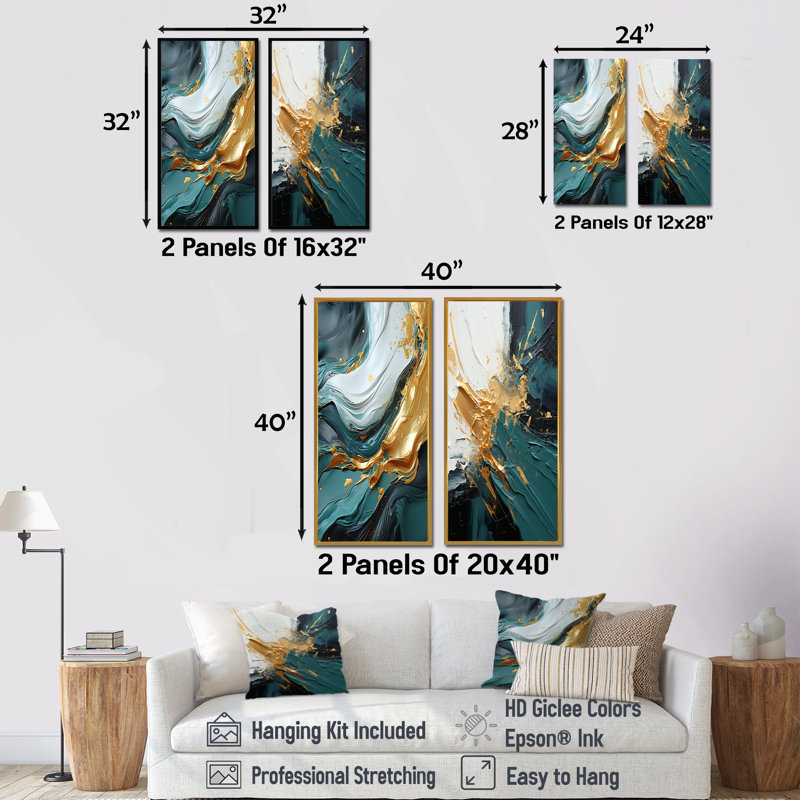 Or et vert cascade de marbre blanc IV - ensemble de 2 reproductions d'art abstrait, H 28 po x l 25 po, Cadre flottant blanc