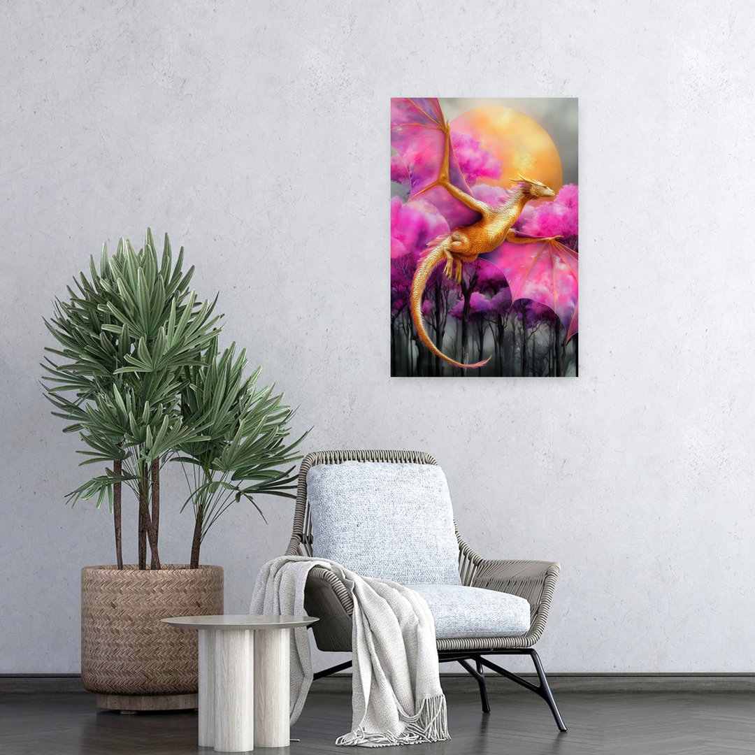 Enchanted Golden Dragon Ethereal Mystical Vibrant Forest Landscape Wall Art Print