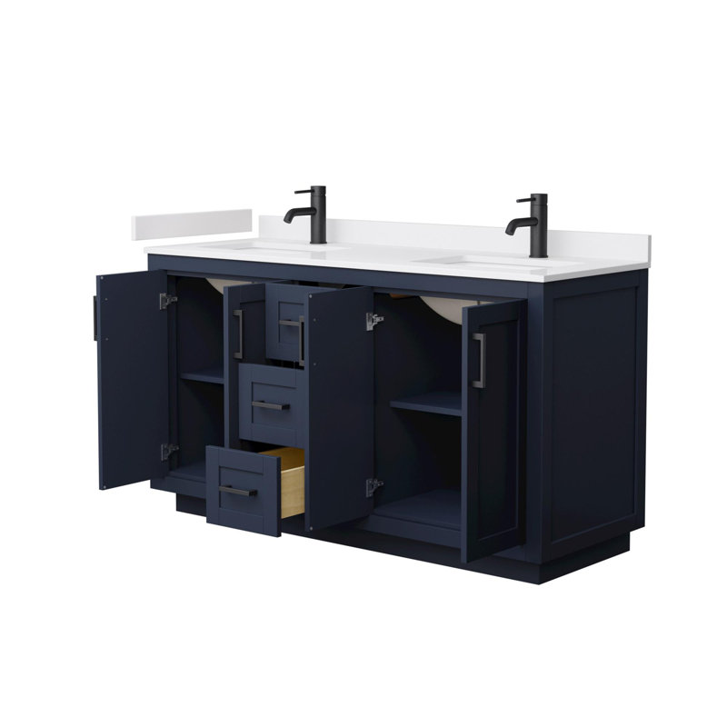 Miranda 60" Dark Blue Double Vanity with White Marble Top and Matte Black Trim