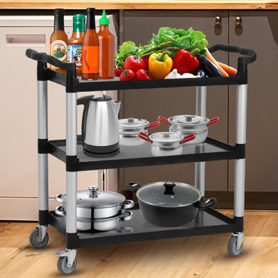 Plastic Rolling Cart Utility Cart with Lockable Wheels 360lbs Grocery Cart 3layer Silver Black