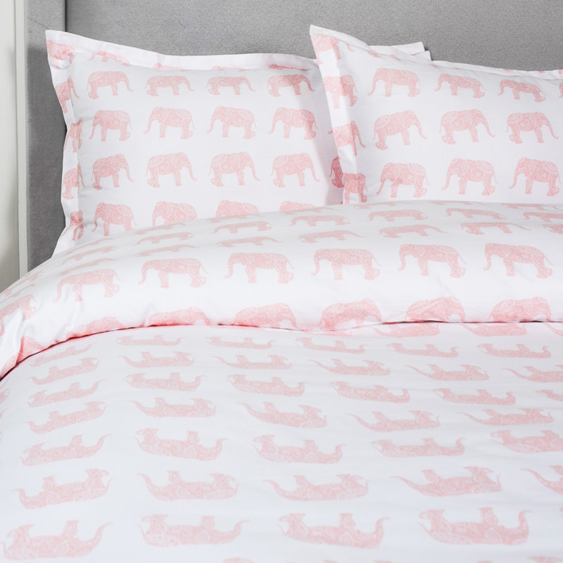 Elephant Cotton Animal Print Duvet Cover, Queen Duvet Cover + 2 Standard Shams, Pink