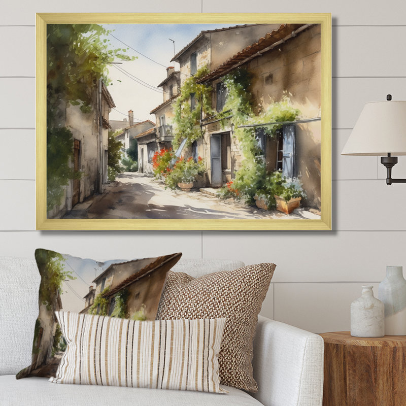 Riba, village méditerranéen, rue Ix sur toile, H 30 po x l 40 po x P 1,5 po, Encadrement doré