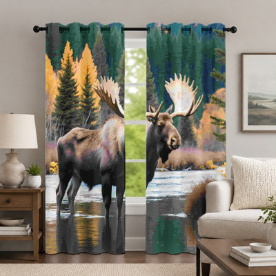 2Pcs Moose in Forest Curtains, Rustic Style Window Panel, Nature-Inspired Scenic Woodland Animal Print Grommet Drapes, Window Treatment for Bedroom Living Room Decor
