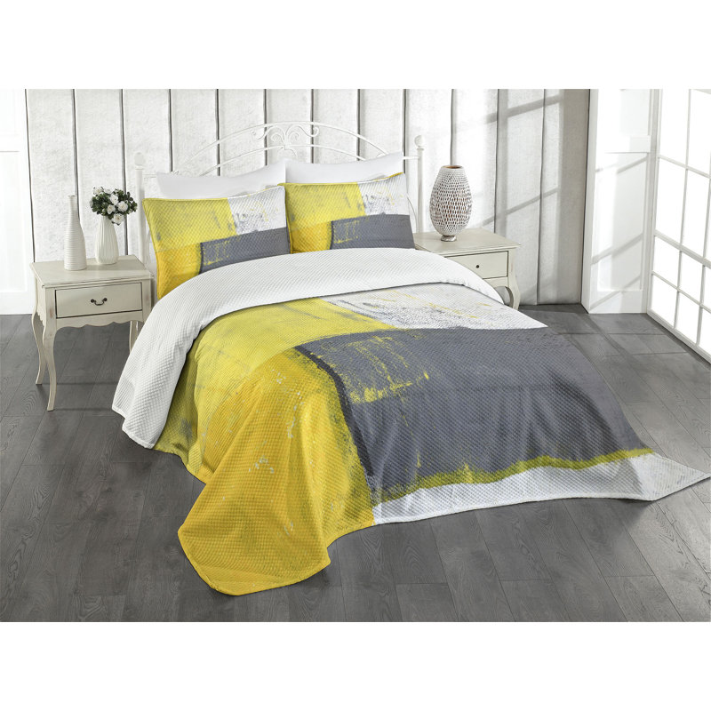 Ambesonne Abstract Bedspread Set Pale Yellow Squares Grey Yellow, King Bedspread + 2 Standard Shams