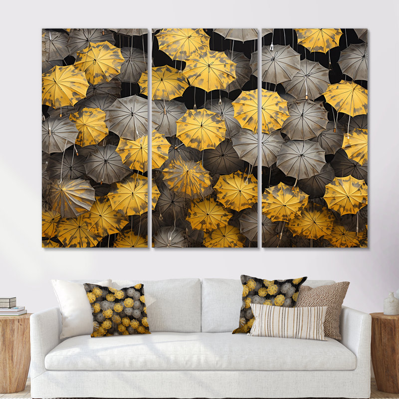 Ciel de parapluies jaunes et gris Tranquility - ensemble de salon art mural ciel, Toile tendue, H 40 po x l 60 po x P 1 po