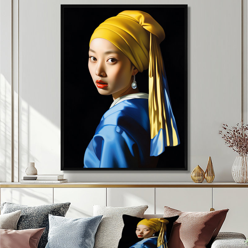 Asian Girl With Pearl Earring - Asian Woman Wall Art Print, 44" H x 34" W, Black Floater Frame