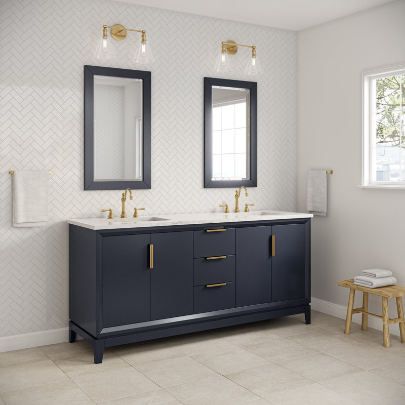 Elizabeth 72" Carrara White Marble Countertop Bath Vanity with Mirror, Monarch Blue
