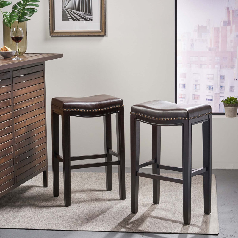 Tabouret de bar en bois massif de conception classique, coussin confortable avec garniture cloutée élégante, Noir, Noir