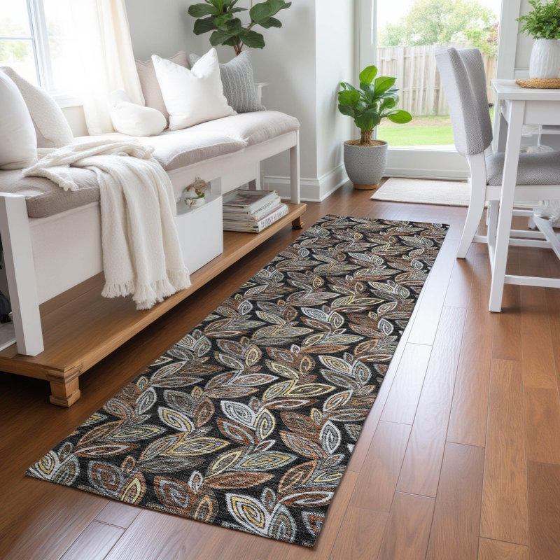 Machine Washable Indoor/Outdoor Chantille ACN2557 Botanical Rug, Runner 2'3" x 7'6", Black