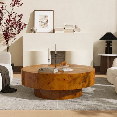 31.5" & 35" & 40"Round Solid Wood Burl Coffee Table – Unique Natural Swirl Patterns, Curved Elegant Design, Handcrafted Centerpiece