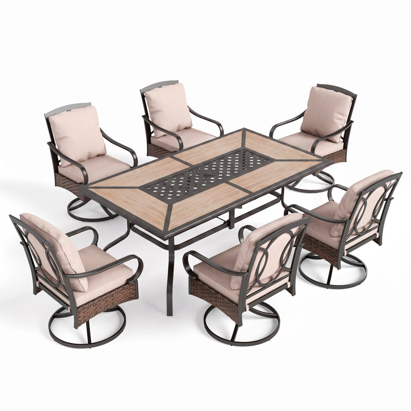 6 Person Outdoor Dining Set with Swivel Chairs and Thick Cushions