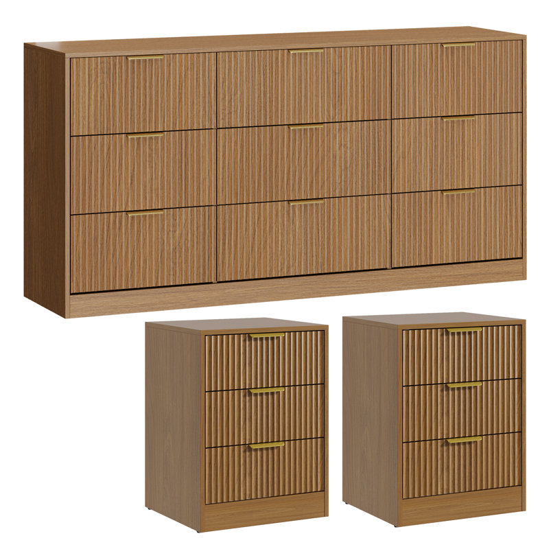 3-Piece 9-Drawer Dresser & 3-Drawer Nightstand Set, Light Walnut