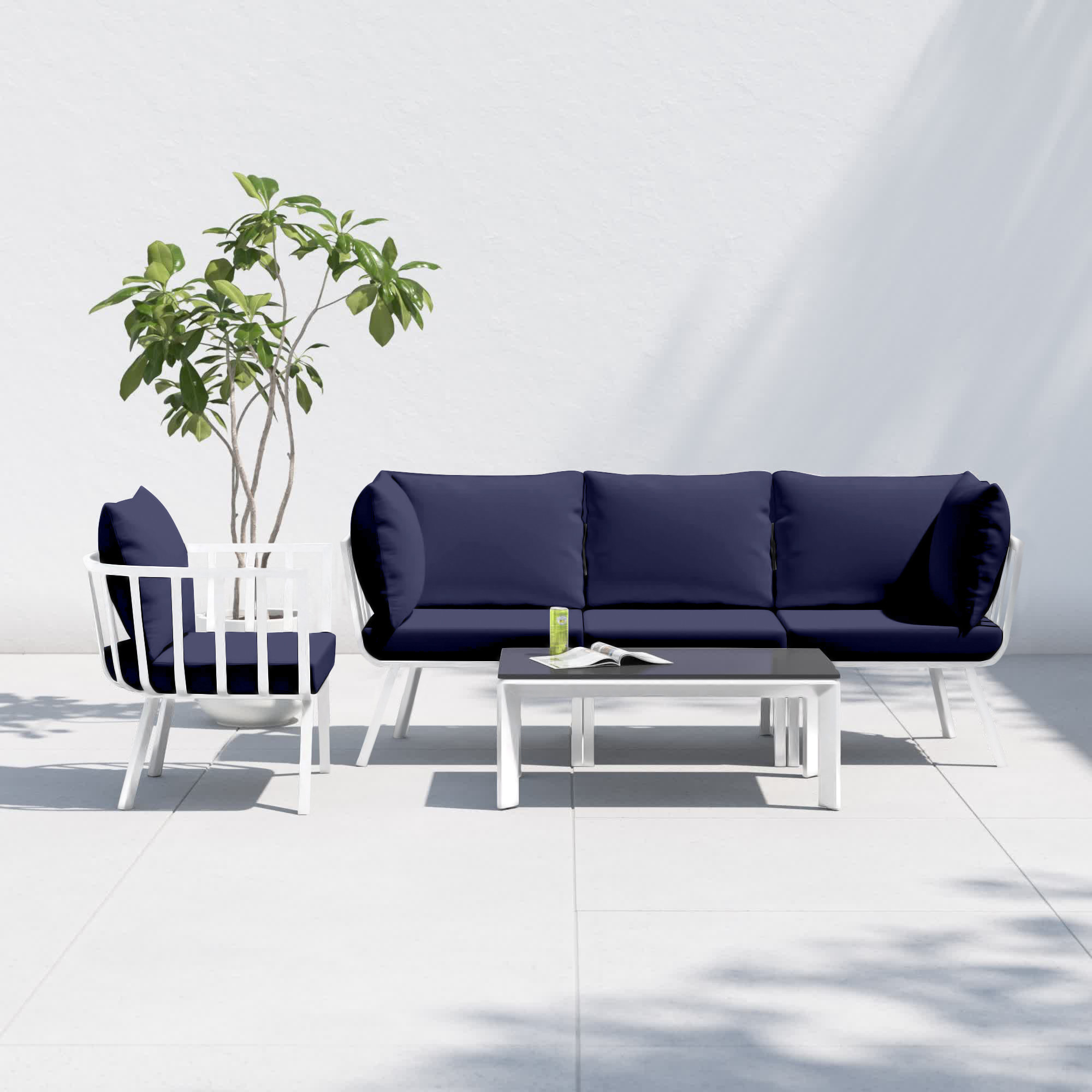 Riverside 5 Piece Outdoor Patio Aluminum Set, White Frame/Navy Cushion