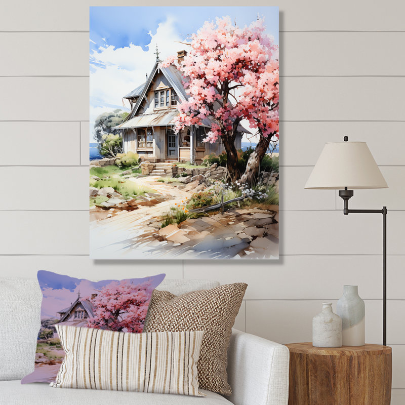 «Blossom Bungalow By The Lake 1», art mural paysage, Toile tendue, H 32 po x l 16 po x P 1 po