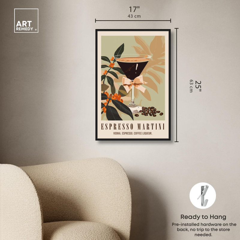 «Classy Espresso Martini Post», reproduction sur toile tendance par Art Remedy, H 25 po x l 17 po, Cadre flottant noir