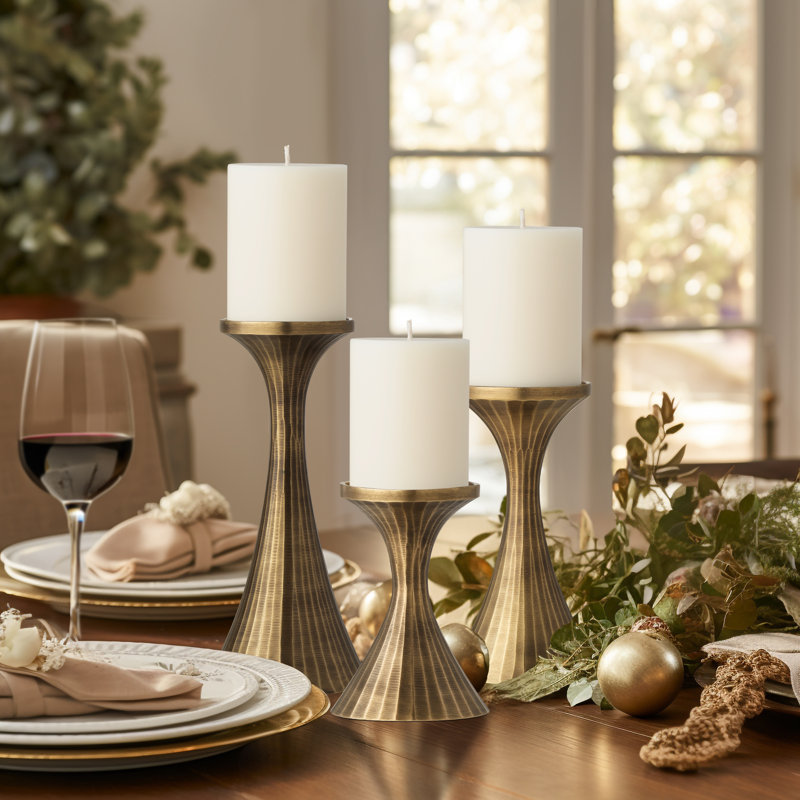 Set of 3 Aluminum Handmade Decorative Pillar Candle Holders (Brass), Brass