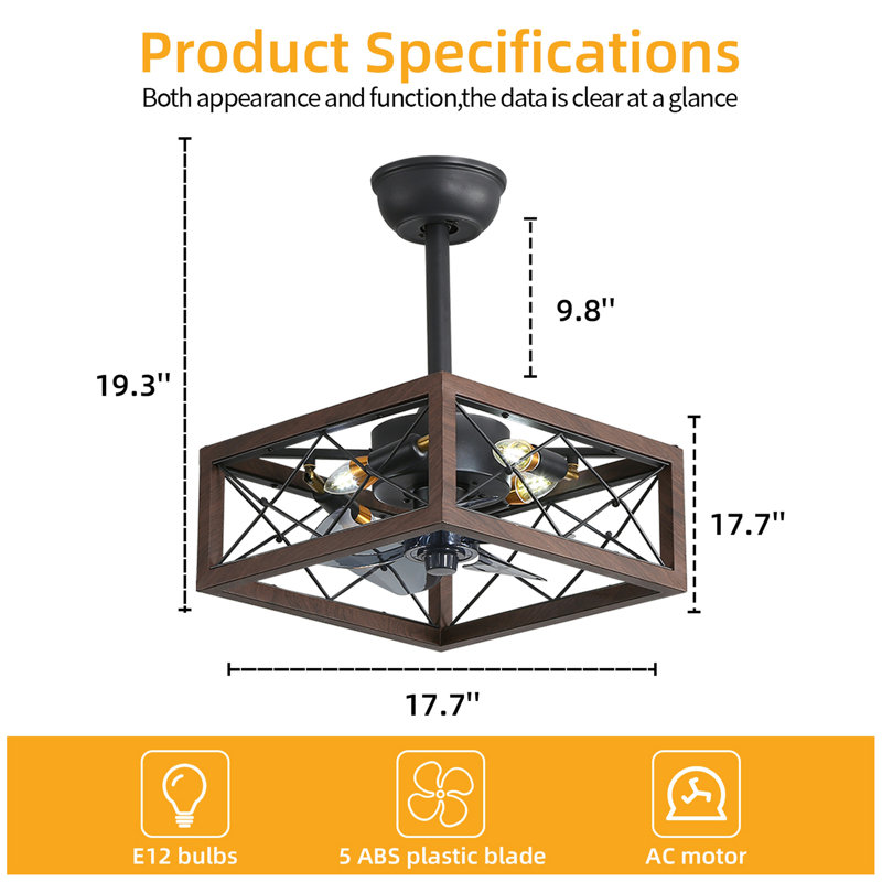 18Inch Caged Ceiling Fan With Lights Remote Control For APP(No Warranty On Bulbs)