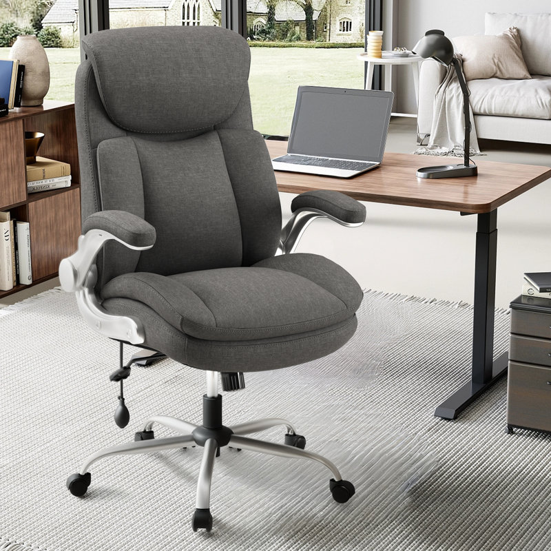 Upholstered Executive Office Chair, Adjustable High Back Heavy Duty Computer Chair with Flip Up Armrest, Faux Leather Desk Chair with Lumbar Support