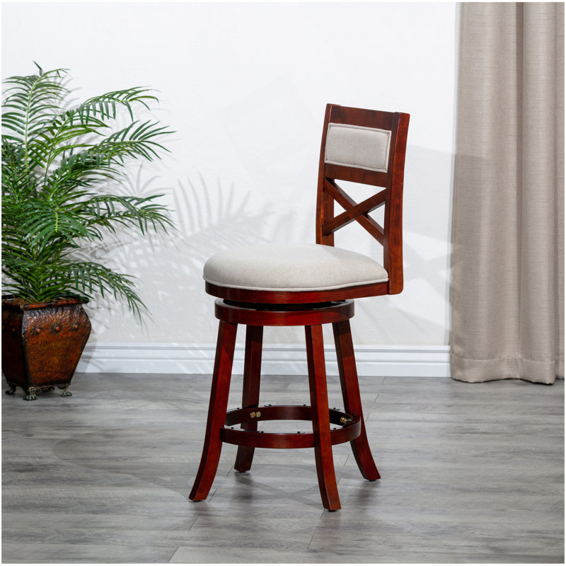 24" Counter Height X-Back Swivel Stool, Cherry Finish, Fabric Seat, Cherry, Counter Stool (24" Seat Height), White