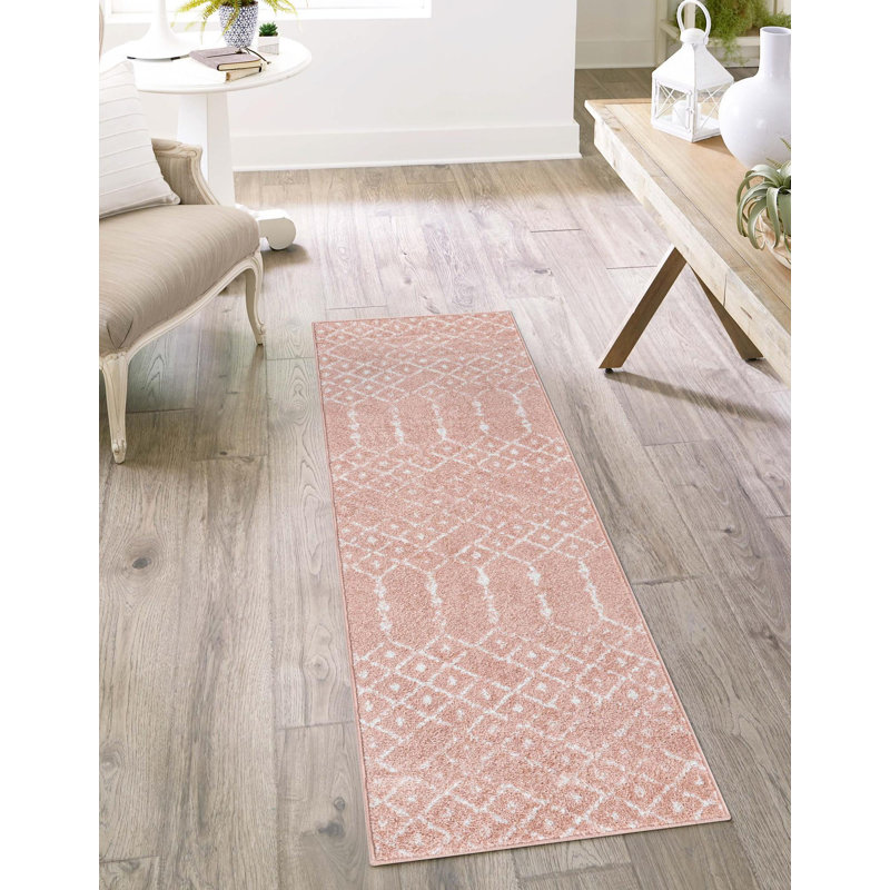 Tapis rose à motif géométrique, Tapis de couloir 2 pi x 8 pi