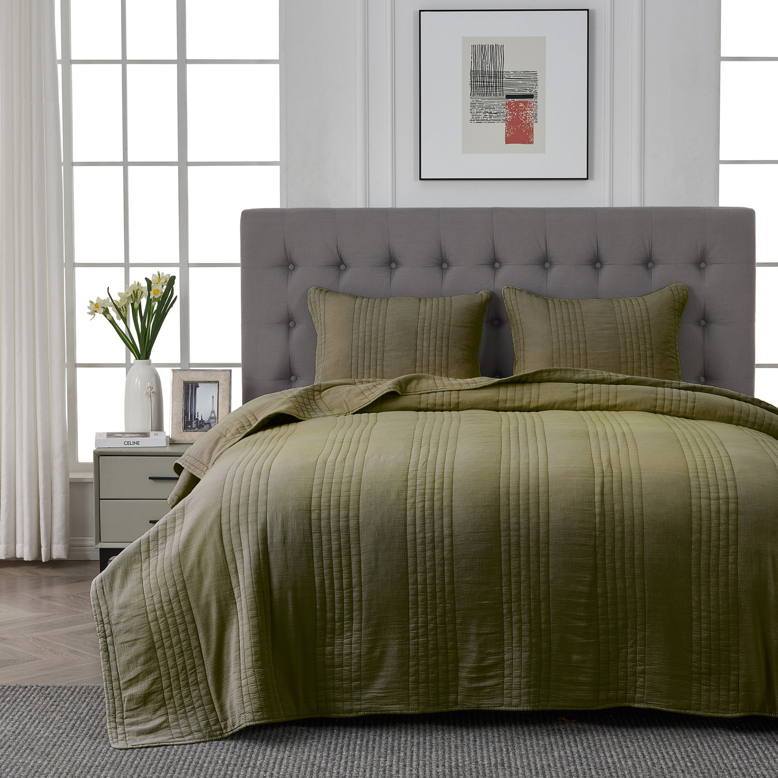 Cotton Quilt Set, King Quilt + 2 King Shams, Olive Green