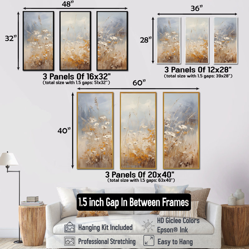 Beige et gris Meadows Breeze - prairie, art mural, H 28 po x l 36 po x P 1 po, Cadre flottant noir