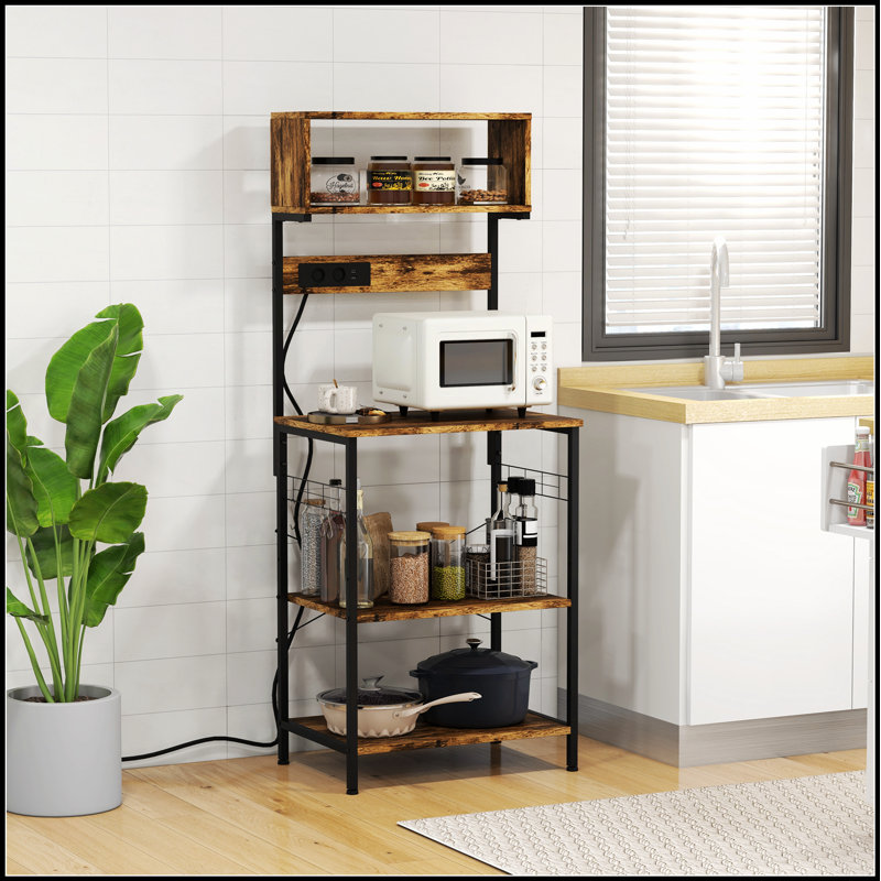Kitchen Bakers Rack with Power Outlets, USB Chargers, Adjustable Shelves, and Hooks for Modern Storage and Organization