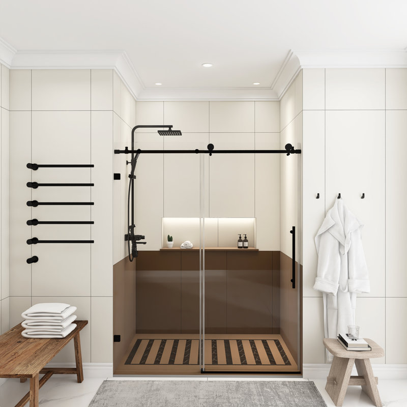 60 po Porte de douche coulissante sans cadre en noir mat avec verre transparent