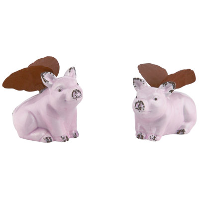  Petits cochons roses en céramique avec ailes, ensemble de 2 décorations de printemps H 2,75 po