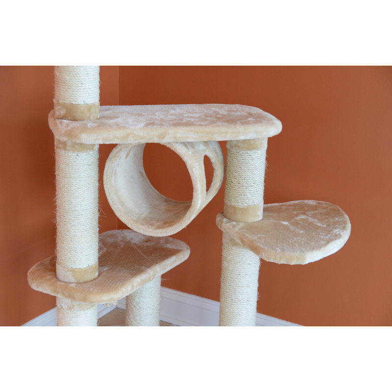 Beige Faux Fur and Sisal 74'' Cat Tree with Multiple Perches