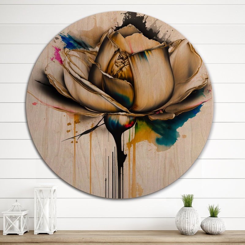 Fleur multicolore sur fond abstrait - Art mural en bois floral et botanique - Bois de pin naturel, L 23 po x H 23 po