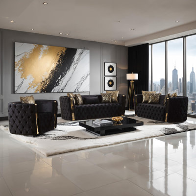 Bellagio Luxe Gold-Accent 3-Piece Living Room Set