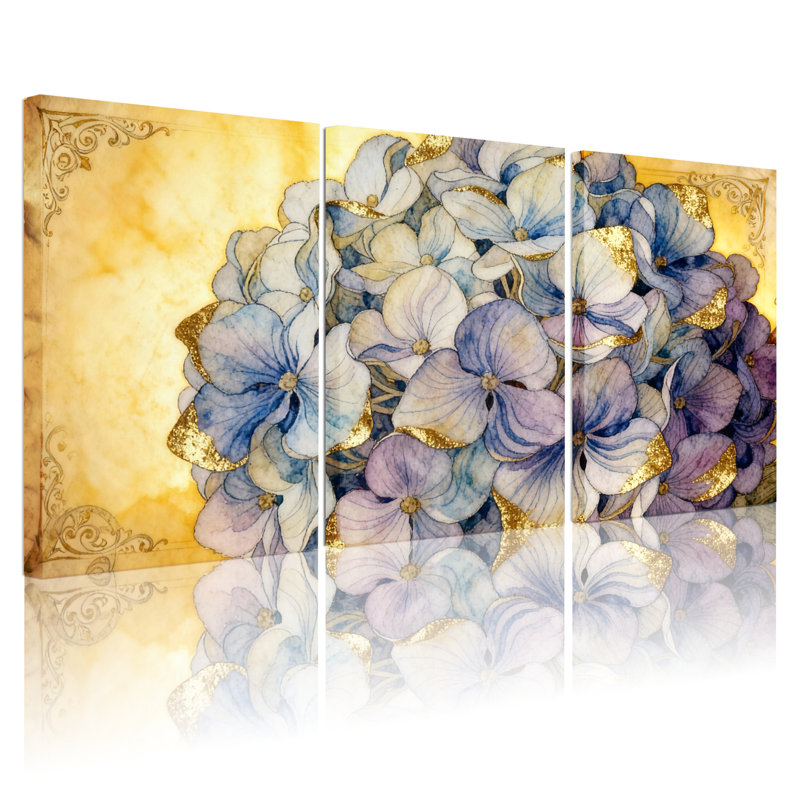 «Blue Hydrangea Floral Gold Accents», ensemble de 3 reproductions d'art sur toile tendues, H 24 po x l 48 po