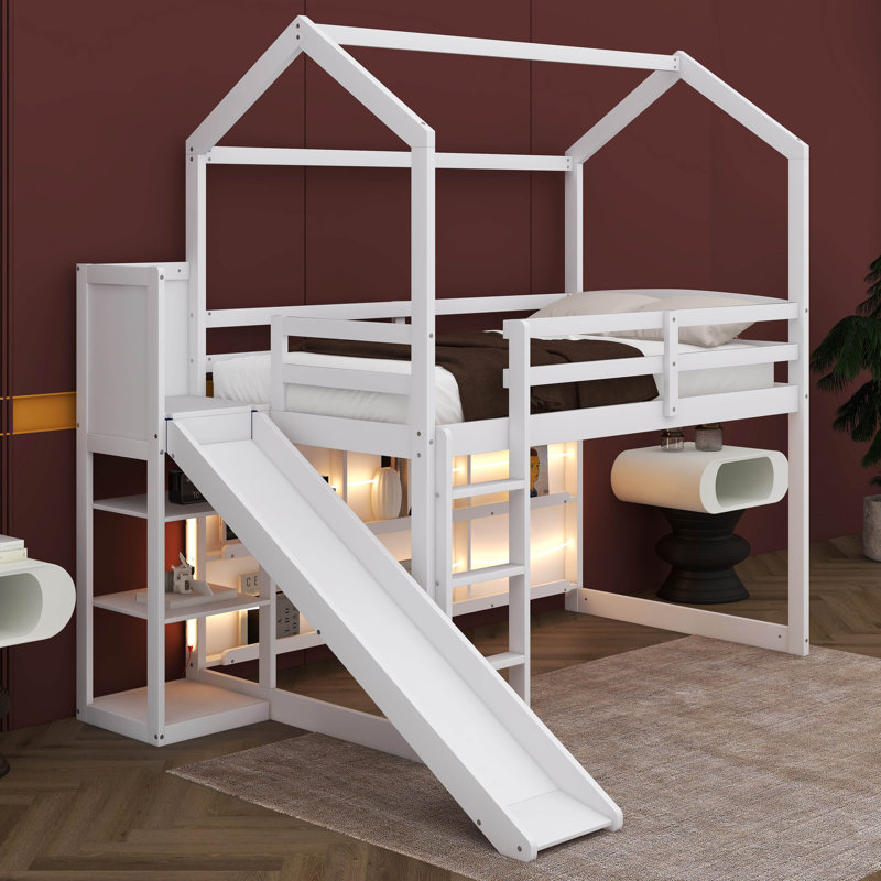  Lit mezzanine simple en bois avec glissière, tablettes de rangement et lumière Annieruth, Blanc