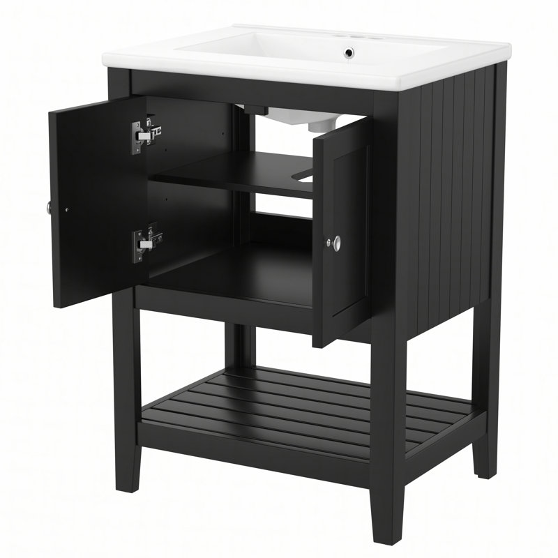 Lavabo de salle de bain moderne élégant en céramique 24 po avec tablette ouverte en bois massif, Noir