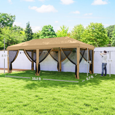 Auvent 10 'X 20' avec filet, abri de soleil instantané robuste, grandes tentes pour fêtes avec sac de transport pour l'extérieur, jardin, patio, beige