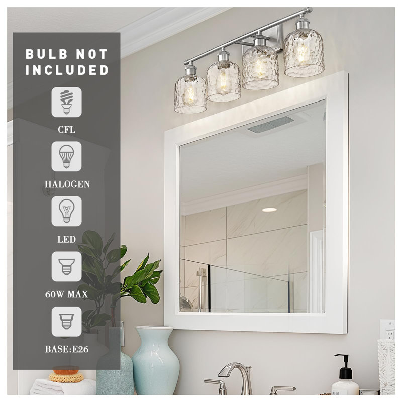 Éclairage pour salle de bain 4 lumières avec verre martelé transparent, Nickel brossé