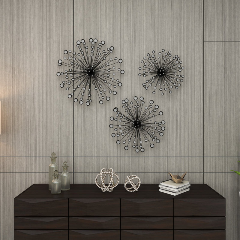 Caryn 3 Piece Black Metal Starburst Wall Decor with Crystal Embellishments Set