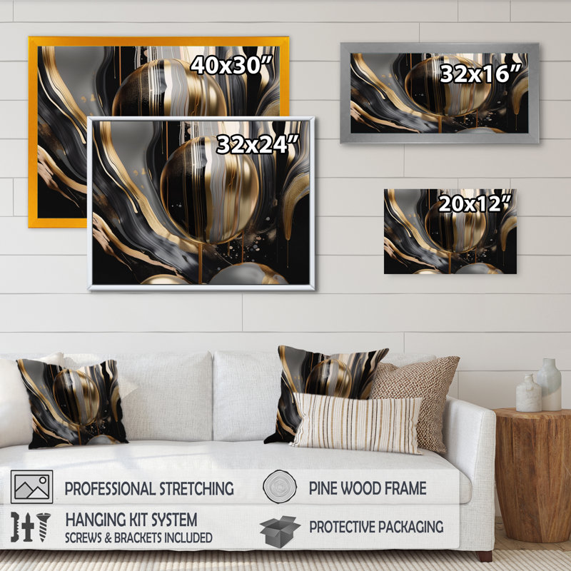 Marbre doré et noir captivant III - art mural abstrait en marbre, Toile tendue, Sans cadre, H 28 po x l 60 po